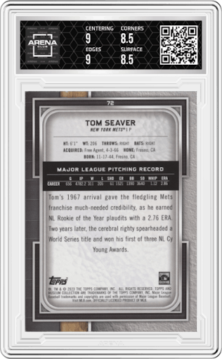 Tom Seaver from the 2023 Topps Museum Collection set featuring a Gold parallel graded by Arena Club and given an overall grade of 9.