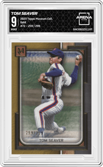 Tom Seaver from the 2023 Topps Museum Collection set featuring a Gold parallel graded by Arena Club and given an overall grade of 9.