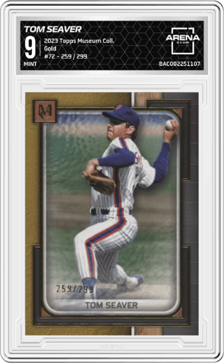 Tom Seaver from the 2023 Topps Museum Collection set featuring a Gold parallel graded by Arena Club and given an overall grade of 9.