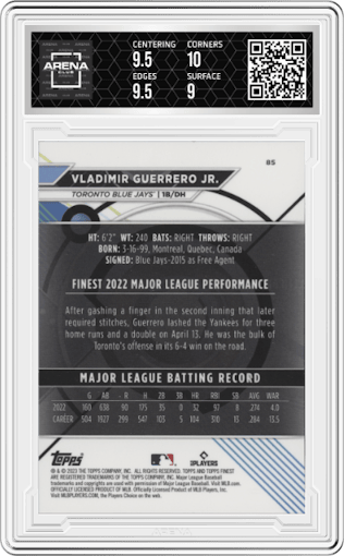 Vladimir Guerrero Jr. from the 2023 Topps Finest set featuring a Aqua Refractor parallel graded by Arena Club and given an overall grade of 9.5.
