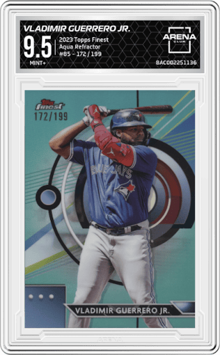 Vladimir Guerrero Jr. from the 2023 Topps Finest set featuring a Aqua Refractor parallel graded by Arena Club and given an overall grade of 9.5.