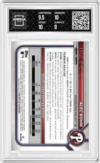 Alec Bohm from the 2022 Bowman Chrome set featuring a Aqua RayWave Refractor parallel graded by Arena Club and given an overall grade of 9.5.