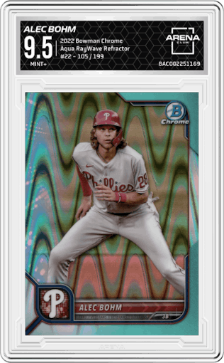 Alec Bohm from the 2022 Bowman Chrome set featuring a Aqua RayWave Refractor parallel graded by Arena Club and given an overall grade of 9.5.