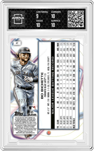 Bo Bichette from the 2023 Topps Cosmic Chrome set featuring a Aqua Equinox Refractor parallel graded by Arena Club and given an overall grade of 9.5.