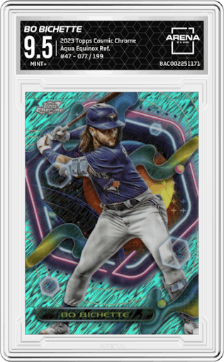 Bo Bichette from the 2023 Topps Cosmic Chrome set featuring a Aqua Equinox Refractor parallel graded by Arena Club and given an overall grade of 9.5.