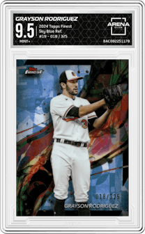 Grayson Rodriguez from the 2024 Topps Finest set featuring a Sky Blue Refractor parallel graded by Arena Club and given an overall grade of 9.5.