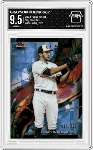 Grayson Rodriguez from the 2024 Topps Finest set featuring a Sky Blue Refractor parallel graded by Arena Club and given an overall grade of 9.5.