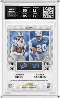 Barry Sanders/Jahmyr Gibbs from the 2023 Panini Illusions set featuring a Black parallel graded by Arena Club and given an overall grade of 9.