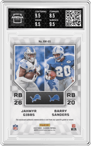 Barry Sanders/Jahmyr Gibbs from the 2023 Panini Illusions set featuring a Black parallel graded by Arena Club and given an overall grade of 9.
