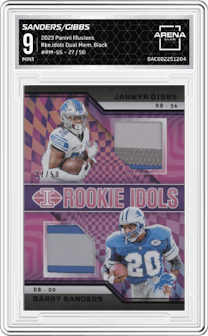Barry Sanders/Jahmyr Gibbs from the 2023 Panini Illusions set featuring a Black parallel graded by Arena Club and given an overall grade of 9.