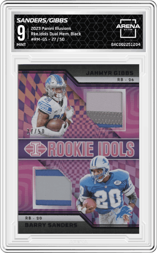 Barry Sanders/Jahmyr Gibbs from the 2023 Panini Illusions set featuring a Black parallel graded by Arena Club and given an overall grade of 9.