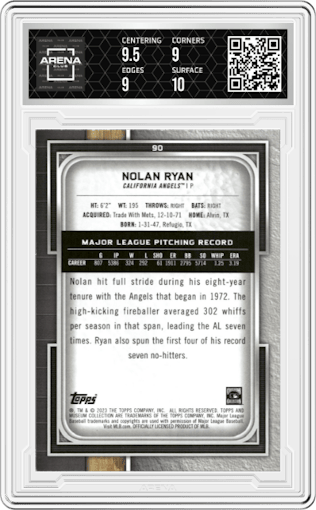 Nolan Ryan from the 2023 Topps Museum Collection set featuring a Sapphire parallel graded by Arena Club and given an overall grade of 9.5.
