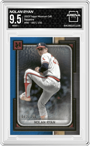 Nolan Ryan from the 2023 Topps Museum Collection set featuring a Sapphire parallel graded by Arena Club and given an overall grade of 9.5.