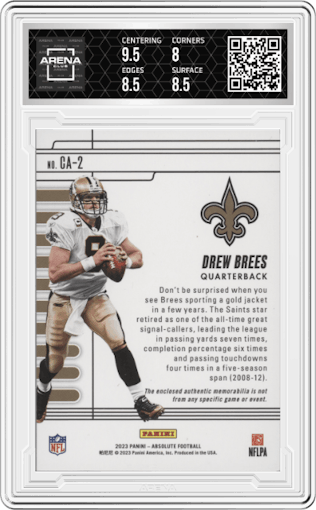 Drew Brees from the 2023 Panini Absolute set graded by Arena Club and given an overall grade of 8.5.