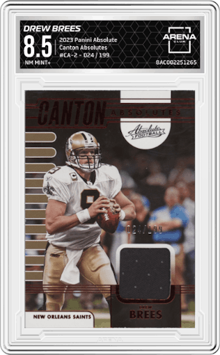 Drew Brees from the 2023 Panini Absolute set graded by Arena Club and given an overall grade of 8.5.