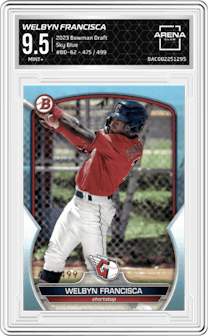 Welbyn Francisca from the 2023 Bowman Draft set featuring a Sky Blue parallel graded by Arena Club and given an overall grade of 9.5.