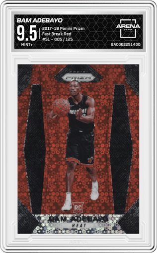 Bam Adebayo from the 2017-18 Panini Prizm  set featuring a Fast Break Red parallel graded by Arena Club and given an overall grade of 9.5.