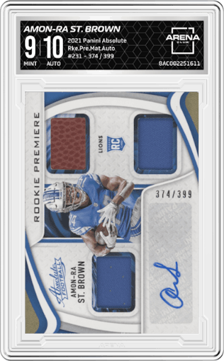 Amon-Ra St. Brown from the 2021 Panini Absolute set graded by Arena Club and given an overall grade of 9.
