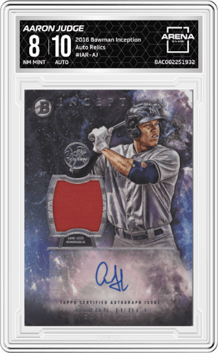 Aaron Judge from the 2016 Bowman Inception set graded by Arena Club and given an overall grade of 8.