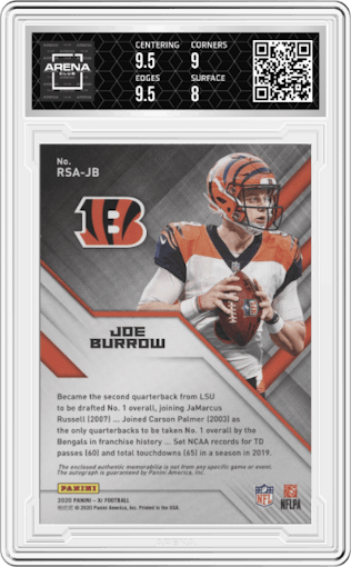 Joe Burrow from the 2020 Panini XR set graded by Arena Club and given an overall grade of 8.5.