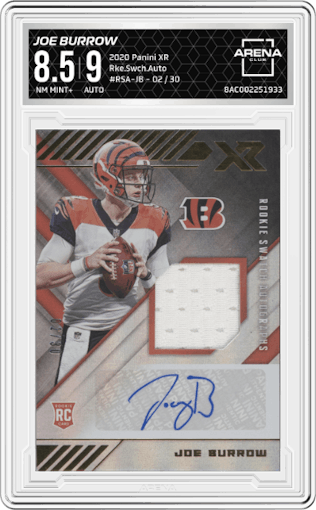 Joe Burrow from the 2020 Panini XR set graded by Arena Club and given an overall grade of 8.5.