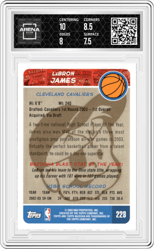 LeBron James from the 2003-04 Topps Bazooka set featuring a Gold parallel graded by Arena Club and given an overall grade of 8.