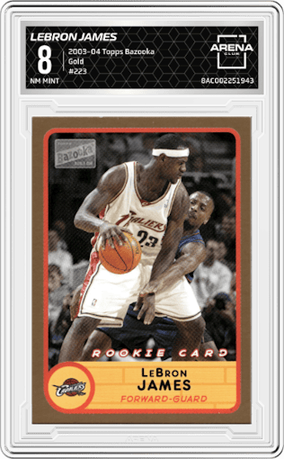 LeBron James from the 2003-04 Topps Bazooka set featuring a Gold parallel graded by Arena Club and given an overall grade of 8.