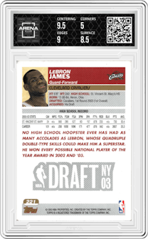 LeBron James from the 2003-04 Topps set graded by Arena Club and given an overall grade of 5.5.