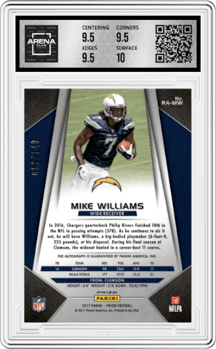 Mike Williams from the 2017 Panini Prizm set featuring a Blue Wave parallel graded by Arena Club and given an overall grade of 10.