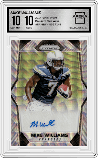 Mike Williams from the 2017 Panini Prizm set featuring a Blue Wave parallel graded by Arena Club and given an overall grade of 10.