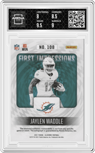 Jaylen Waddle from the 2021 Panini Illusions set featuring a Black parallel graded by Arena Club and given an overall grade of 8.5.