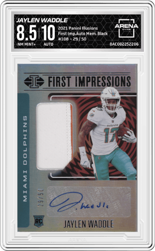 Jaylen Waddle from the 2021 Panini Illusions set featuring a Black parallel graded by Arena Club and given an overall grade of 8.5.