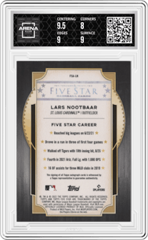 Lars Nootbaar from the 2022 Topps Five Star set graded by Arena Club and given an overall grade of 8.5.