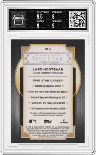 Lars Nootbaar from the 2022 Topps Five Star set graded by Arena Club and given an overall grade of 8.5.