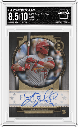 Lars Nootbaar from the 2022 Topps Five Star set graded by Arena Club and given an overall grade of 8.5.
