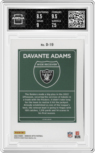 Davante Adams from the 2023 Donruss Optic set graded by Arena Club and given an overall grade of 8.