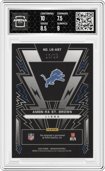 Amon-Ra St. Brown from the 2022 Panini Obsidian set featuring a Electric Etch Yellow parallel graded by Arena Club and given an overall grade of 8.