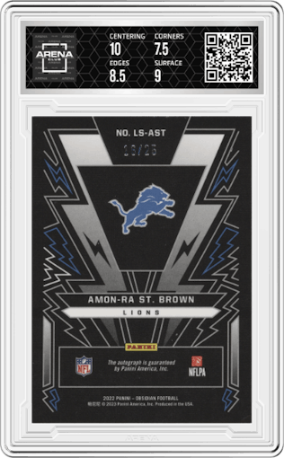 Amon-Ra St. Brown from the 2022 Panini Obsidian set featuring a Electric Etch Yellow parallel graded by Arena Club and given an overall grade of 8.