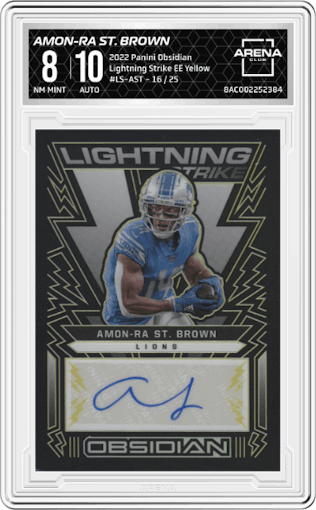 Amon-Ra St. Brown from the 2022 Panini Obsidian set featuring a Electric Etch Yellow parallel graded by Arena Club and given an overall grade of 8.