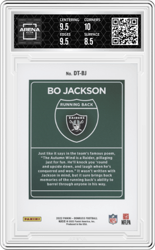 Bo Jackson from the 2022 Panini Donruss set graded by Arena Club and given an overall grade of 9.