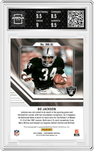 Bo Jackson from the 2023 Panini Contenders set graded by Arena Club and given an overall grade of 9.