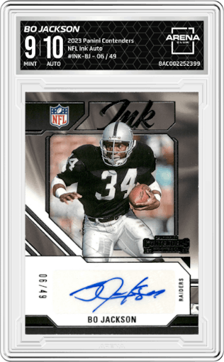 Bo Jackson from the 2023 Panini Contenders set graded by Arena Club and given an overall grade of 9.
