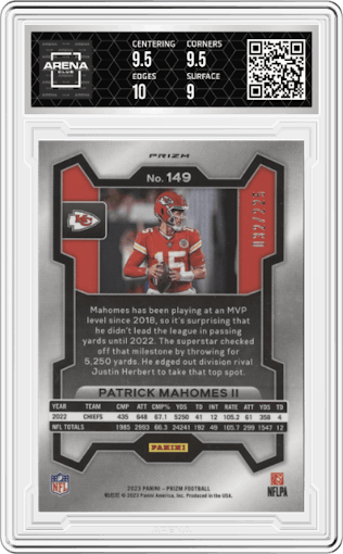 Patrick Mahomes II from the 2023 Panini Prizm set featuring a Purple Ice parallel graded by Arena Club and given an overall grade of 9.5.