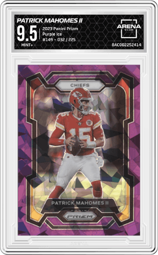 Patrick Mahomes II from the 2023 Panini Prizm set featuring a Purple Ice parallel graded by Arena Club and given an overall grade of 9.5.