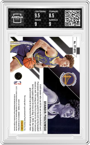 Brandin Podziemski from the 2023-24 Panini Donruss Elite set featuring a Red parallel graded by Arena Club and given an overall grade of 9.