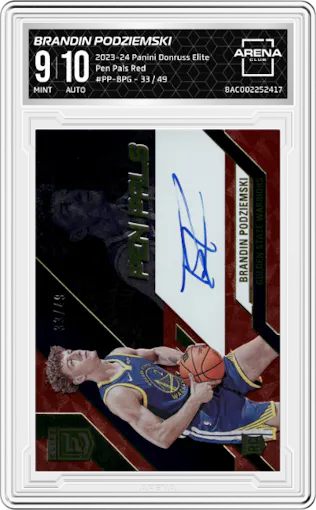 Brandin Podziemski from the 2023-24 Panini Donruss Elite set featuring a Red parallel graded by Arena Club and given an overall grade of 9.