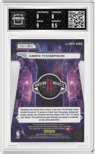 Amen Thompson from the 2023-24 Panini Recon set featuring a Blue parallel graded by Arena Club and given an overall grade of 8.5.