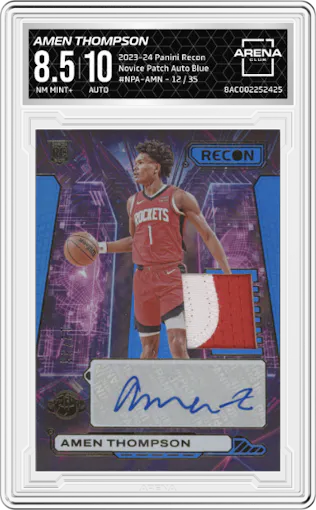 Amen Thompson from the 2023-24 Panini Recon set featuring a Blue parallel graded by Arena Club and given an overall grade of 8.5.