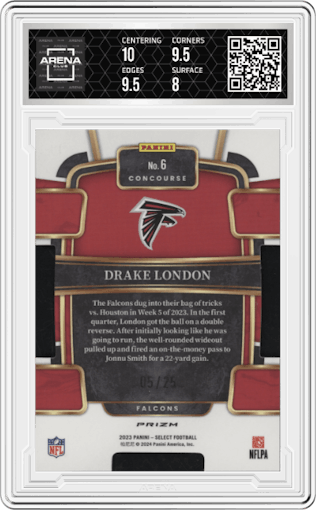 Drake London from the 2023 Panini Select set featuring a Die Cut Tie-Dye parallel graded by Arena Club and given an overall grade of 8.5.