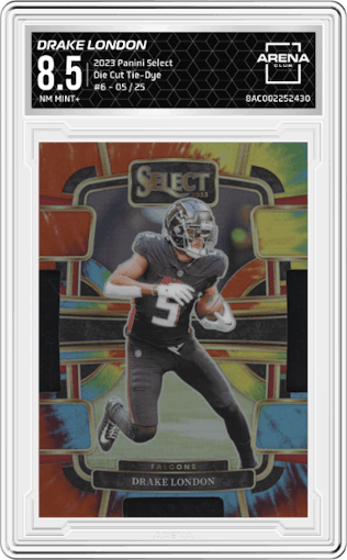 Drake London from the 2023 Panini Select set featuring a Die Cut Tie-Dye parallel graded by Arena Club and given an overall grade of 8.5.
